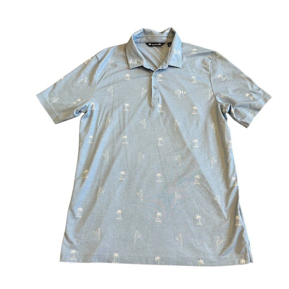 TravisMathew Light Blue Polo with White Palm Tree Print